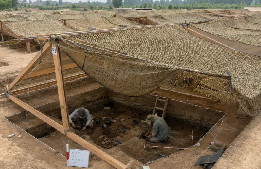Erlitou archaeological excavation protected with camouflage net covering