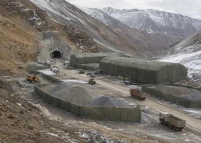 High-plateau road construction site protected by windbreak camouflage netting