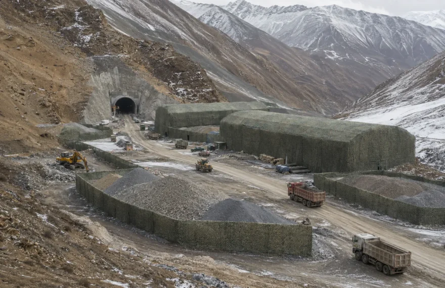 High-plateau road construction site protected by windbreak camouflage netting