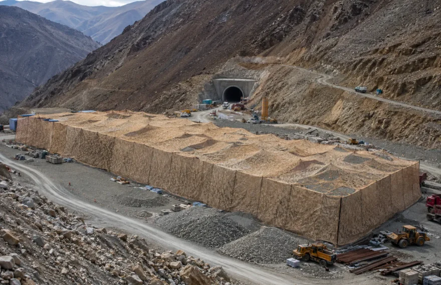 Lhasa highway construction material yard covered with camouflage netting