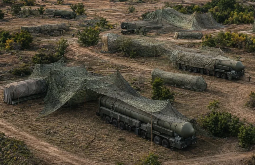 Launch site deception project using desert camouflage netting in open terrain