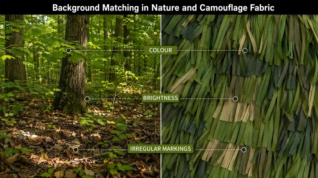 Comparison between a camouflaged animal on tree bark and woodland camouflage fabric