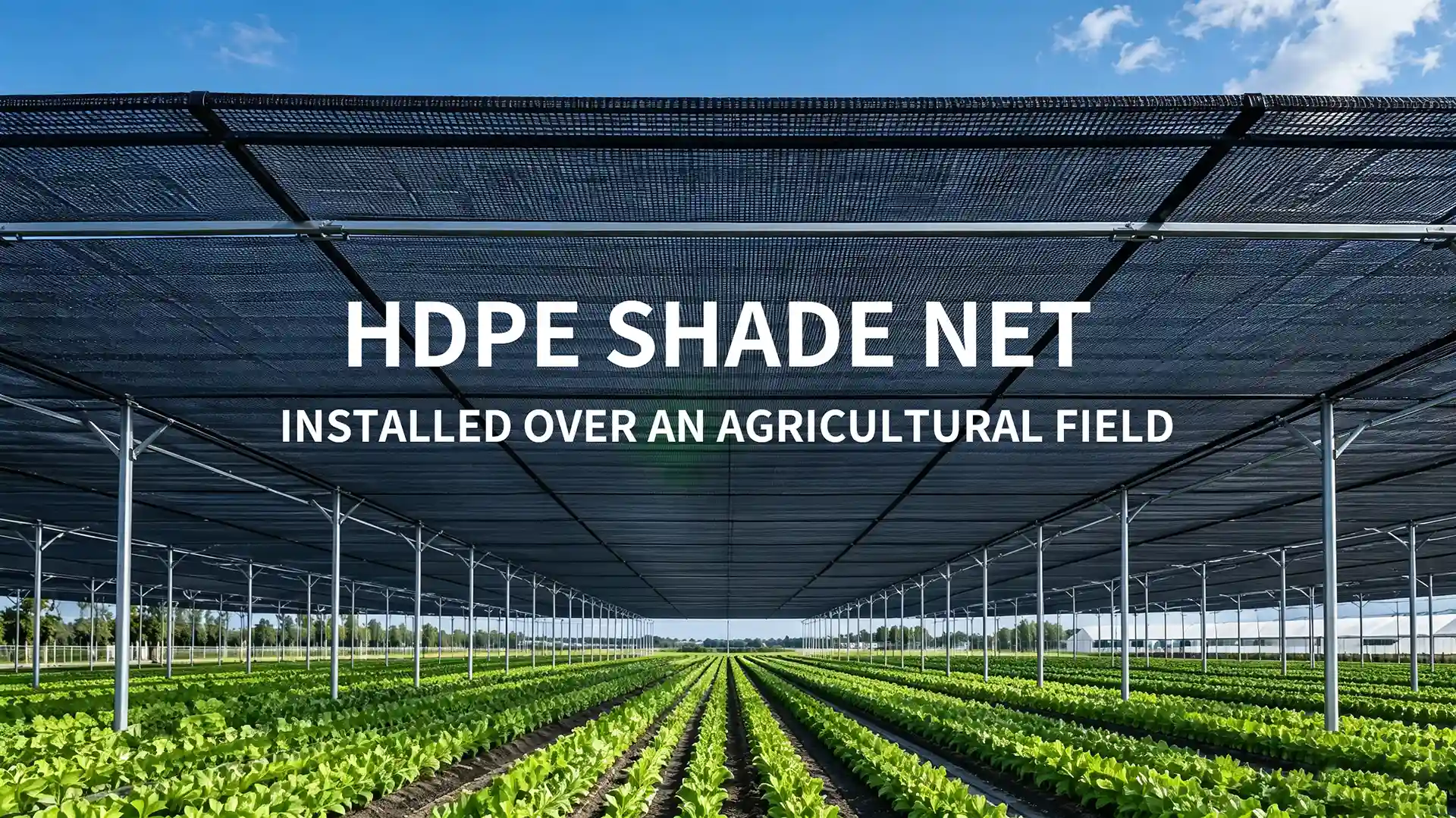 Black HDPE shade net installed above crops to reduce direct sunlight