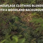 Person wearing woodland camouflage clothing among trees, leaves, and natural shadows