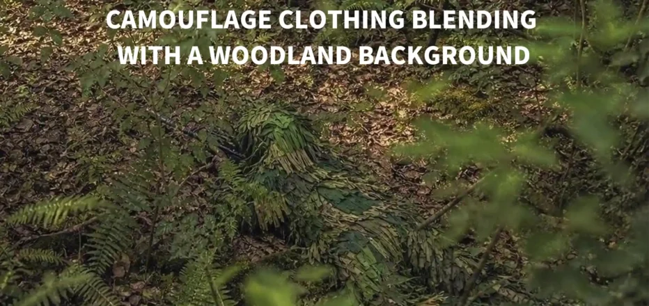 Person wearing woodland camouflage clothing among trees, leaves, and natural shadows