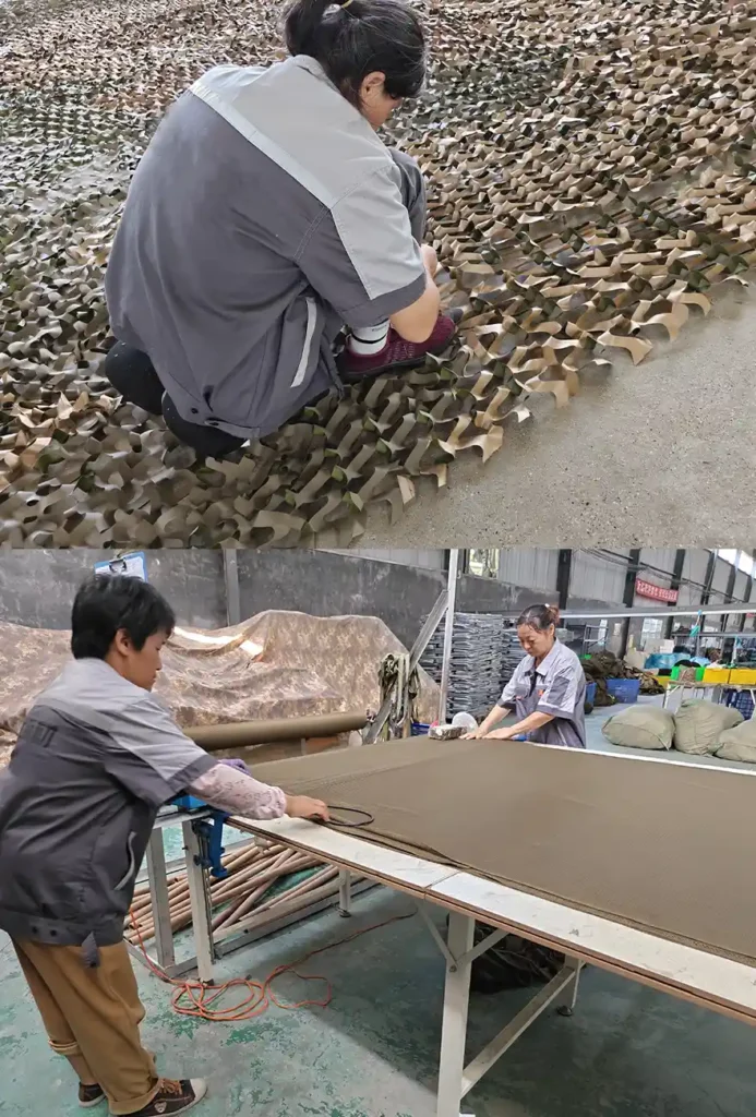 Workers sorting components and cutting fabric in the production area