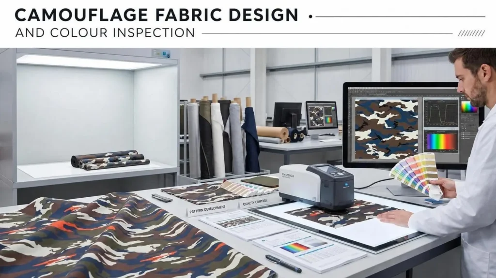 Camouflage fabric samples being compared with digital pattern files and colour measurements
