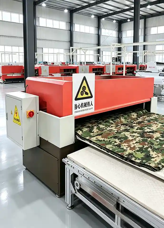 Industrial machine processing printed camouflage fabric