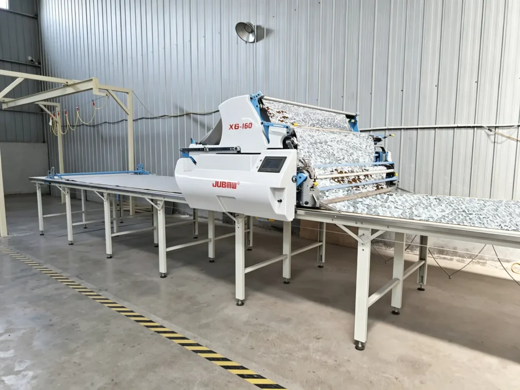 Automated cutting machine beside a camouflage material worktable
