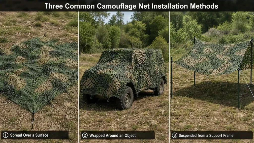 Draping, wrapping, and suspended camouflage net installation methods