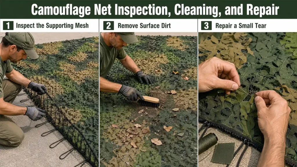 Worker checking camouflage net mesh and repairing a small damaged section