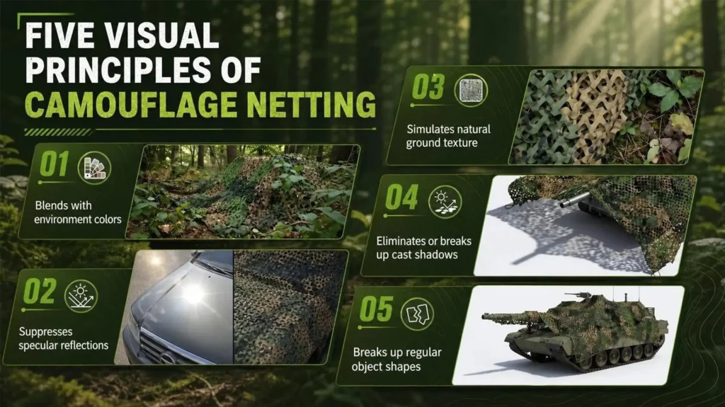 Diagram showing how colour, shape, texture, shadow, and shine affect camouflage
