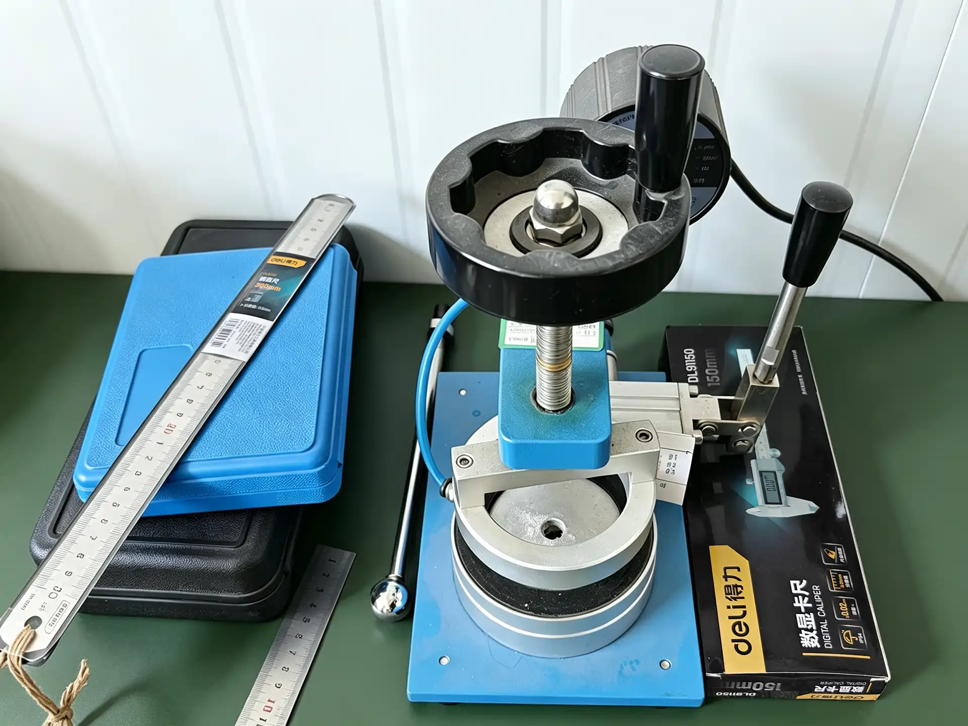 Circular fabric sample cutter with laboratory measuring tools