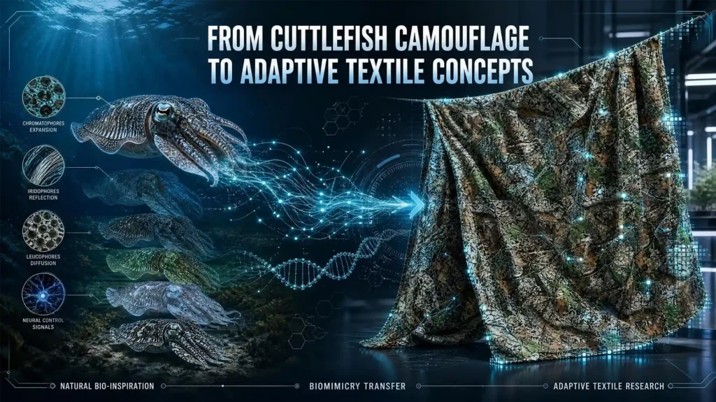 Cuttlefish changing its skin pattern beside a conceptual adaptive camouflage textile