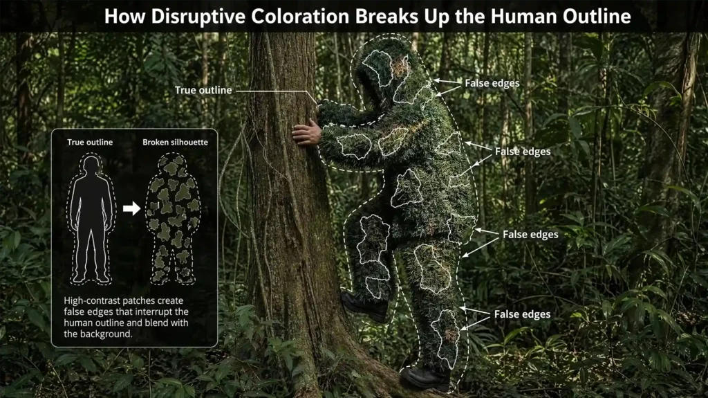 Diagram showing camouflage patches crossing the outline of a human figure