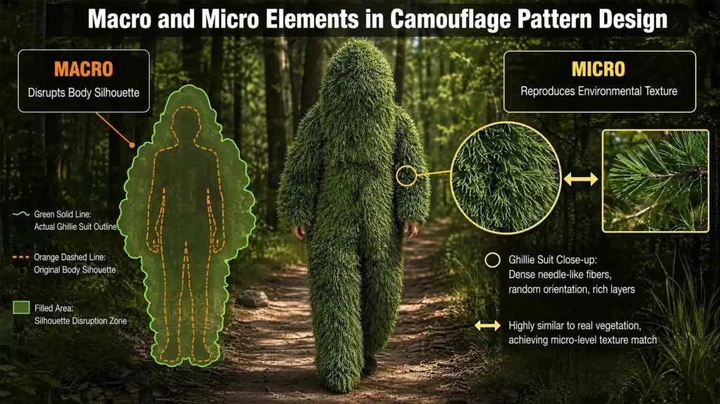 Comparison of large disruptive shapes and small texture elements in camouflage fabric