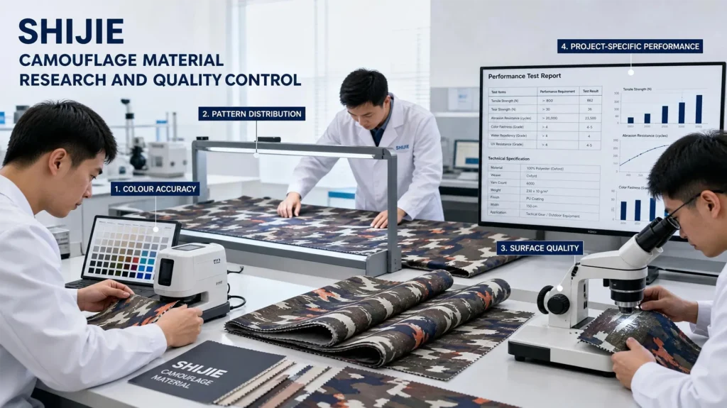 SHIJIE technicians examining camouflage material colours and pattern consistency