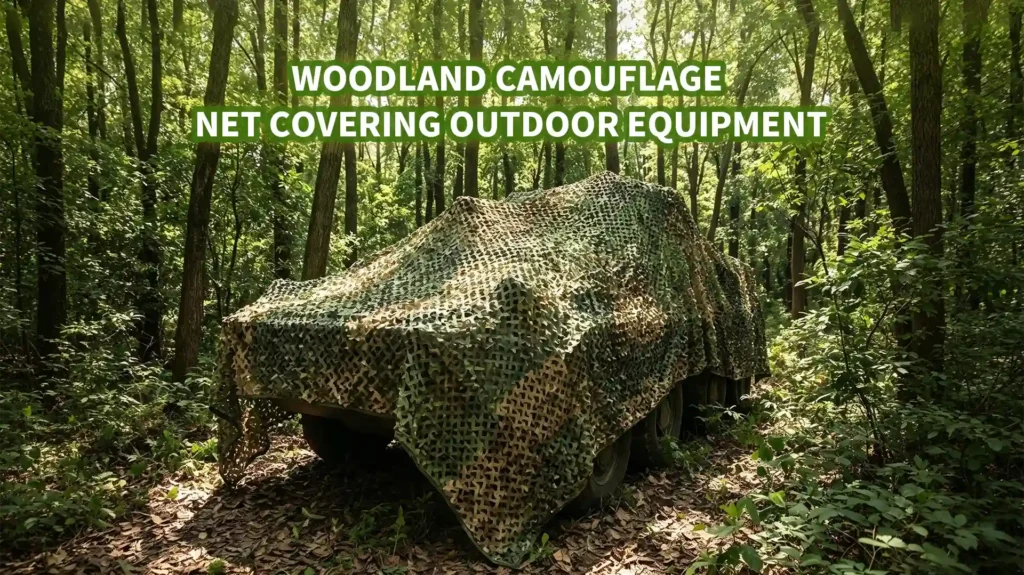 Woodland camouflage net draped over outdoor equipment to break up its visible outline