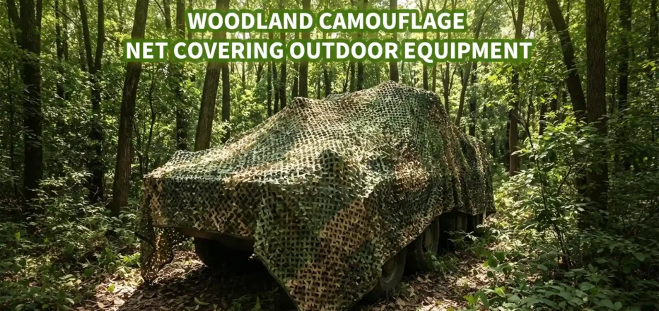 Woodland camouflage net draped over outdoor equipment to break up its visible outline