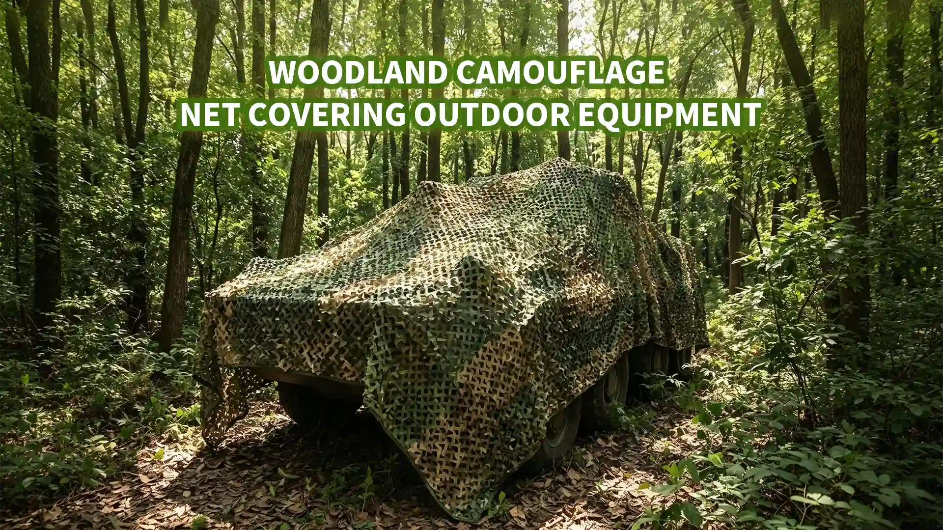 Woodland camouflage net draped over outdoor equipment to break up its visible outline
