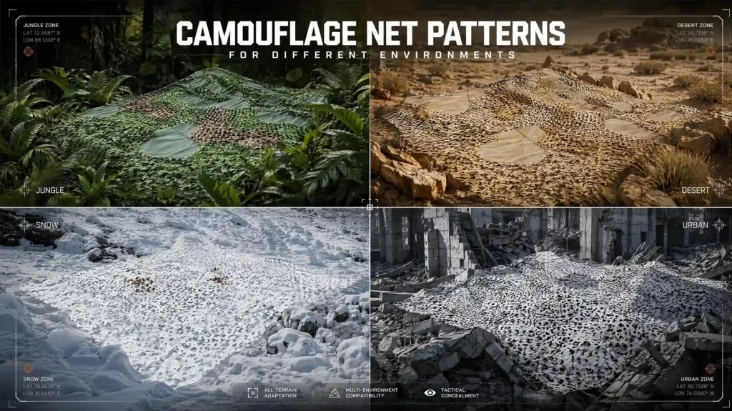 Woodland, desert, snow, and urban camouflage net patterns displayed side by side