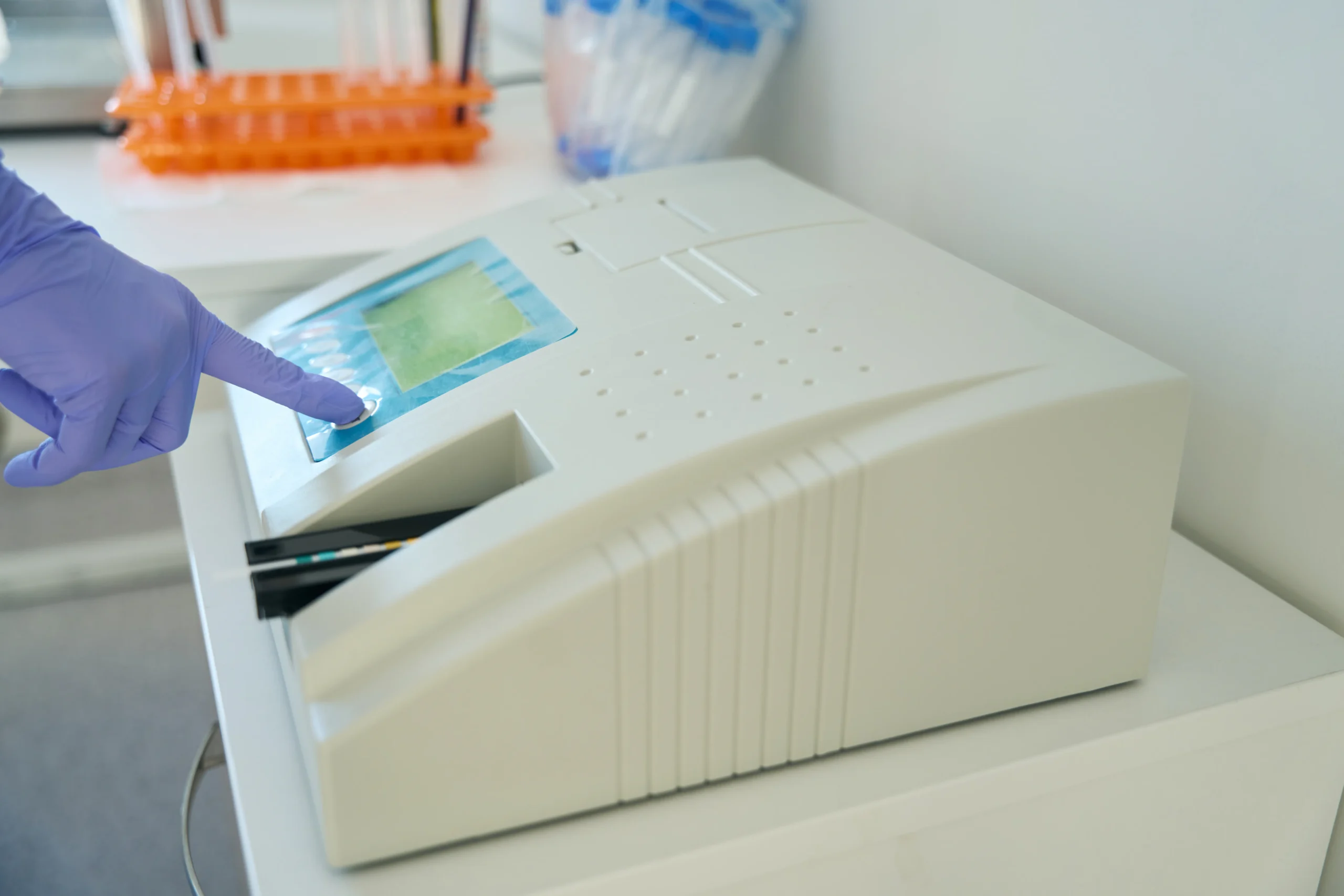 A spectrophotometer is used to compare a production sample with an approved colour standard.